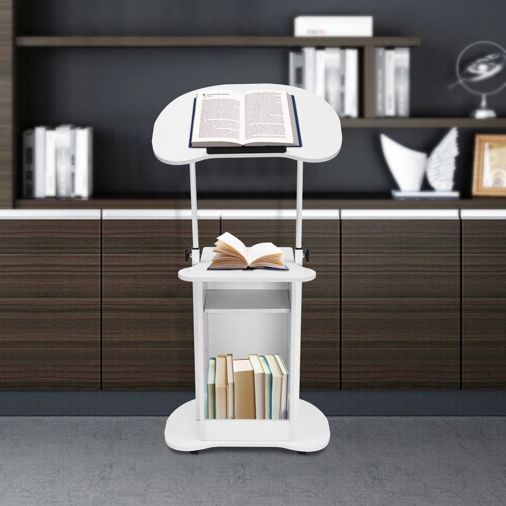 Rolling Lectern Podium Presentation Stand Church Pulpit w/ Storage Compartment