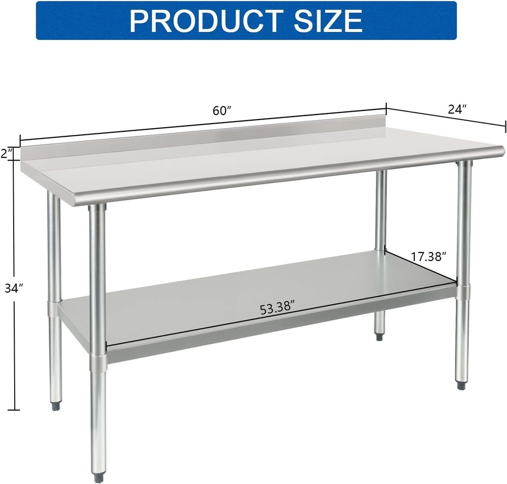 24x60in Stainless Steel Prep Table Undershelf Backsplash