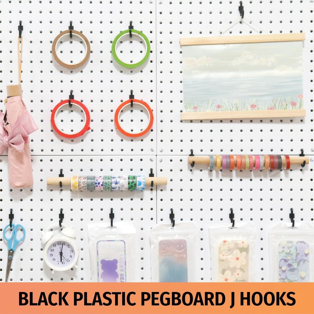HUHOLE 100 Pack Pegboard Plastic Hooks – J Shape Peg Board Hooks for Hangi
