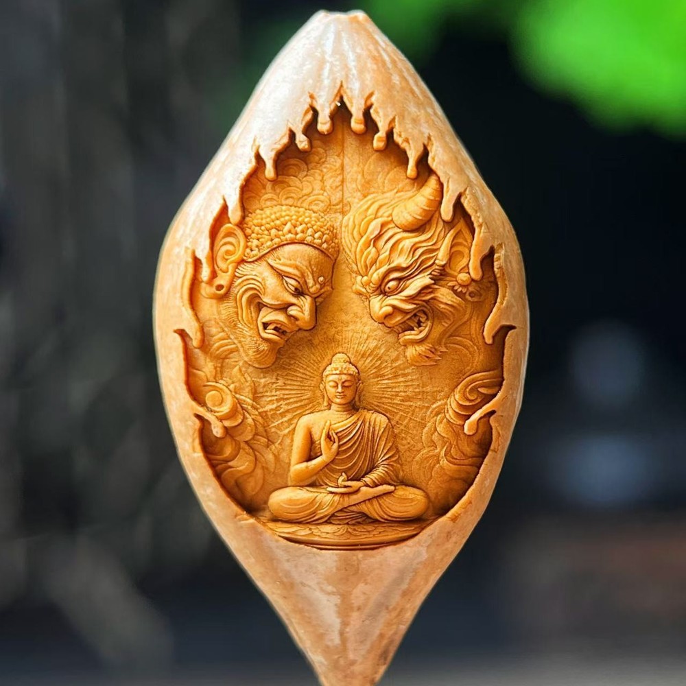 2CM Olive Nut Carved "Good vs Evil" Buddha Demon Single Bead DIY Accessory