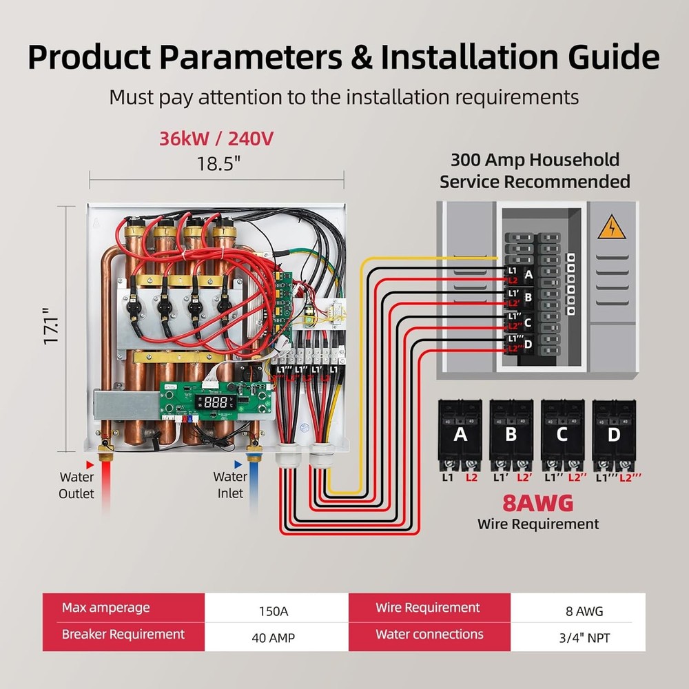 MIZUDO 36kW Tankless Water Heater Electric 240V for 5-6 Points of Use 8.7GPM