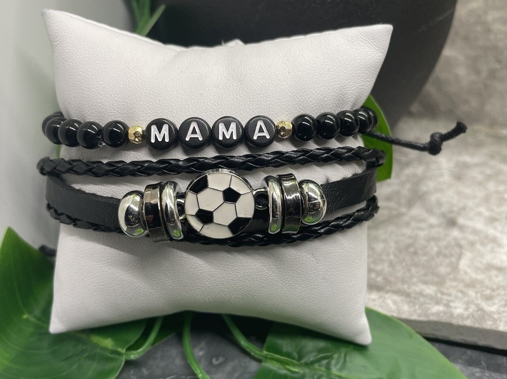 2 PC Soccer Mama Bead PU Leather Bracelet Stackable Adjustable Tie New B829