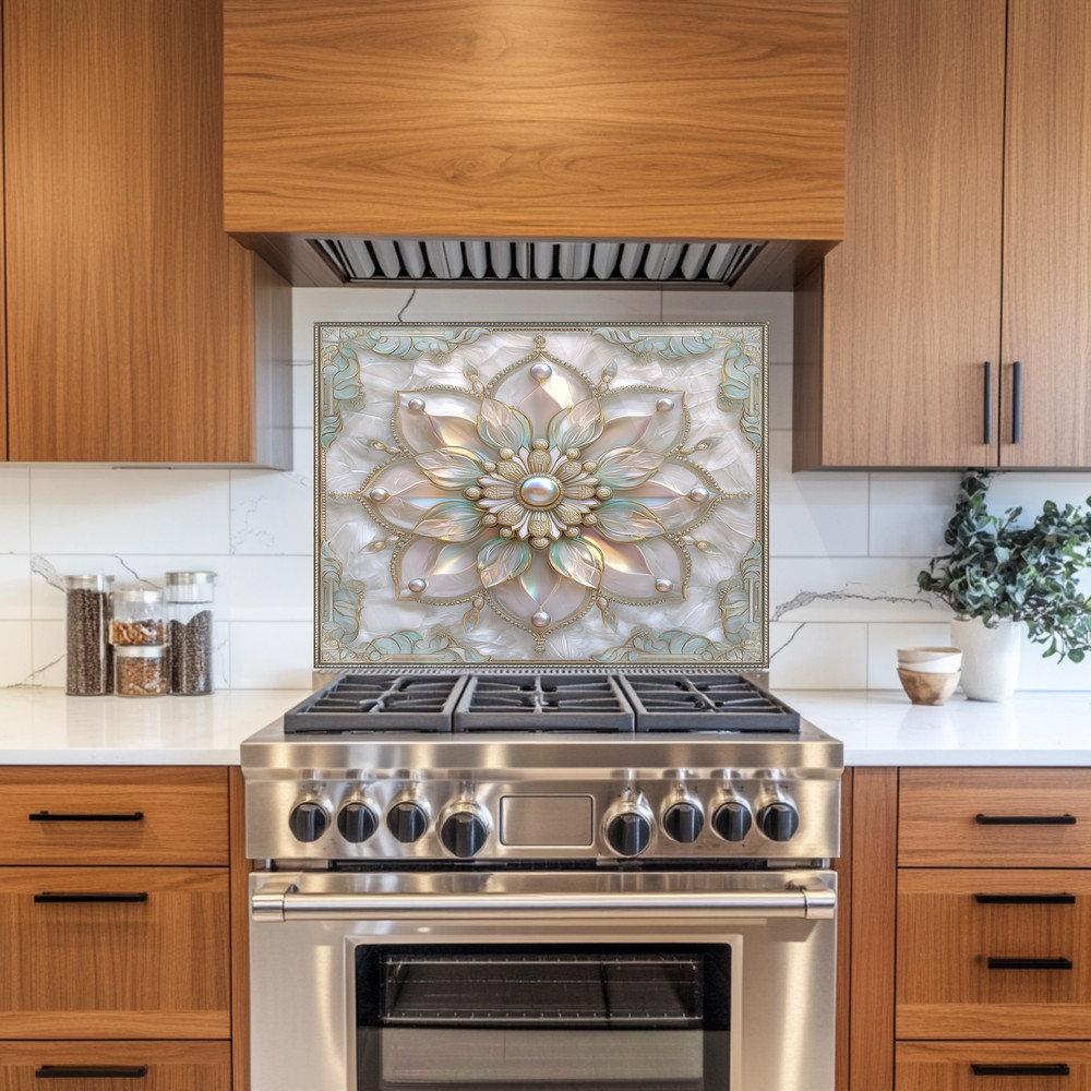Pearl Look Tempered Glass Kitchen Wall Panel | Elegant Kitchen Decor