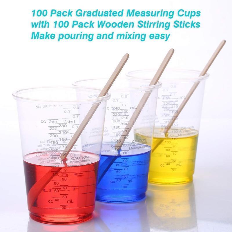 100pcs 8oz Clear Plastic Measuring Scale Cups W/ Stirring Sticks Polyethylene US