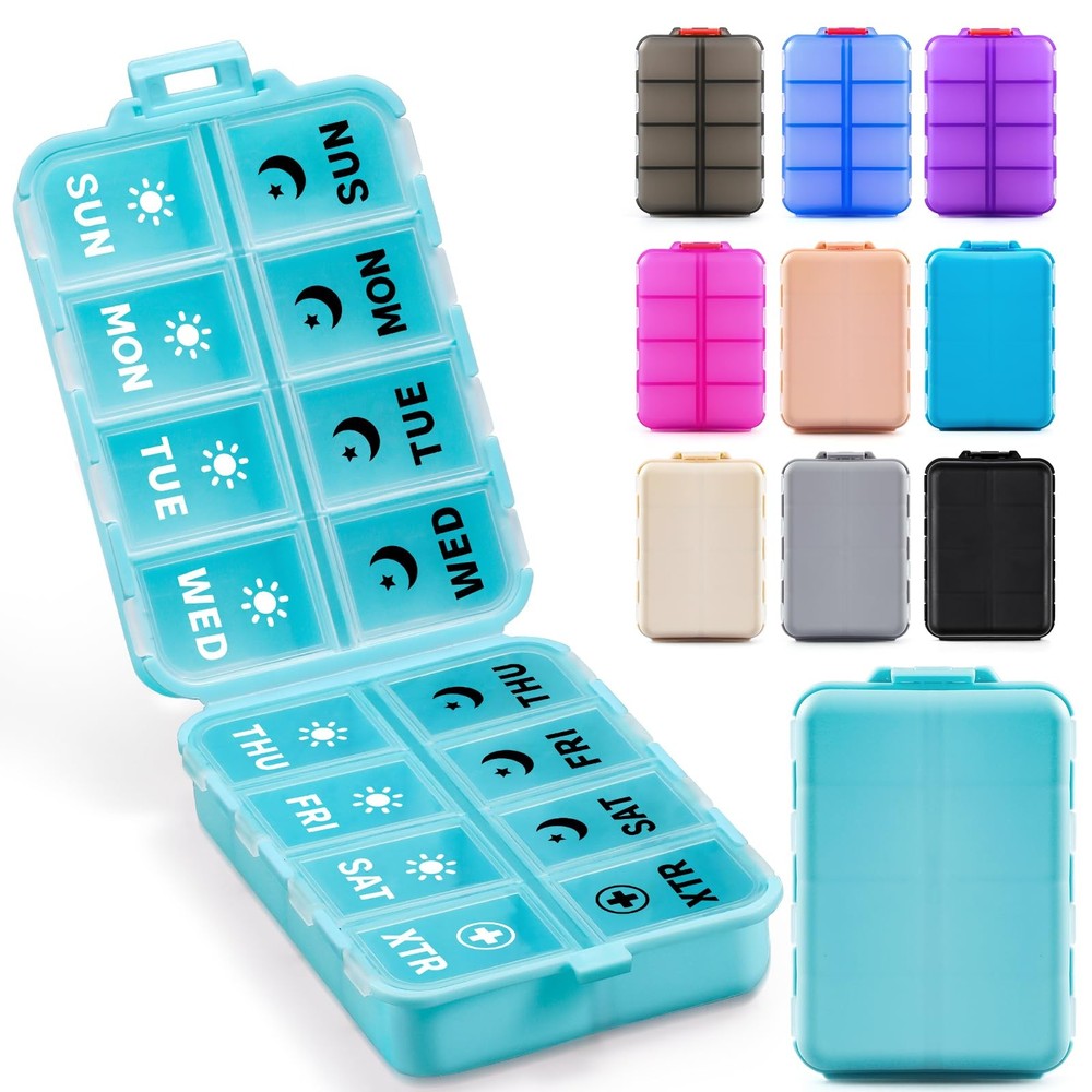 Foldable Weekly Pill Organizer 2 Times a Day with 2 AM & PM & EXTRA, Sky Blue