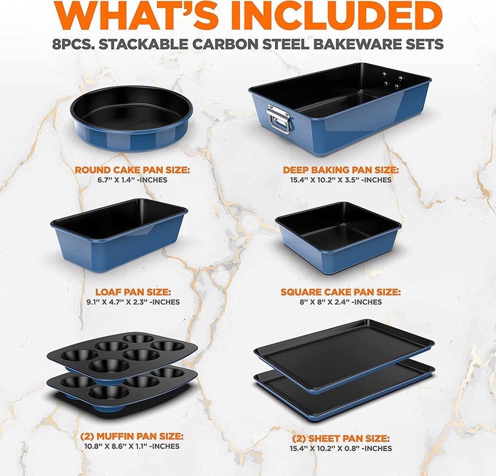 Nutrichef NCBKSTK9 8Pc Stackable Carbon Steel Bakeware-Blue