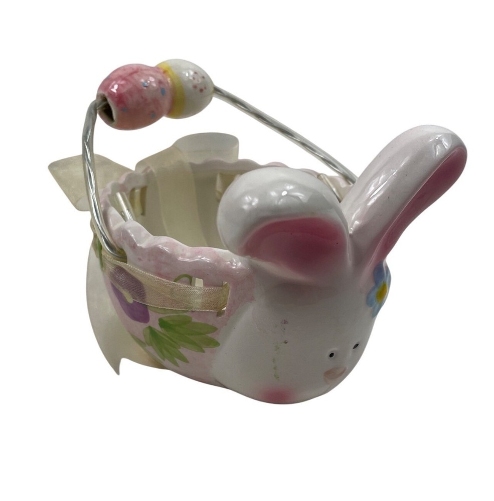 Ceramic Bunny Easter Basket With Painted Floral Design & Beaded Metal Handle