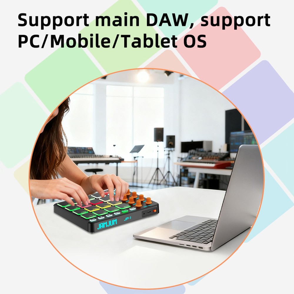 JAMJUM MIDI Compact MIDI Controller 16 RGB Pads 6 Programmable Buttons Wireless