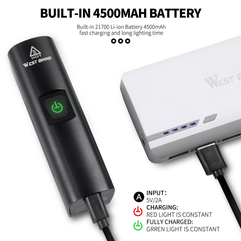 WEST BIKING Bicycle Front Light 1300 Lumen LED USB Rechargeable Light Flashlight