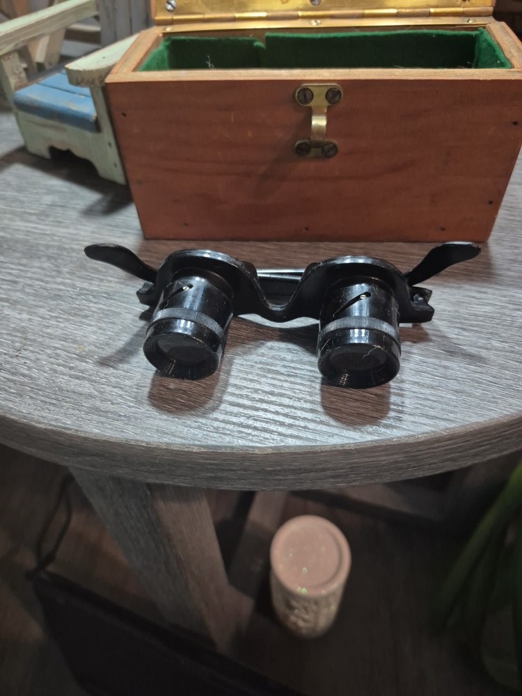Adjustable Wearable Binoculars Unmarked with Wood Case