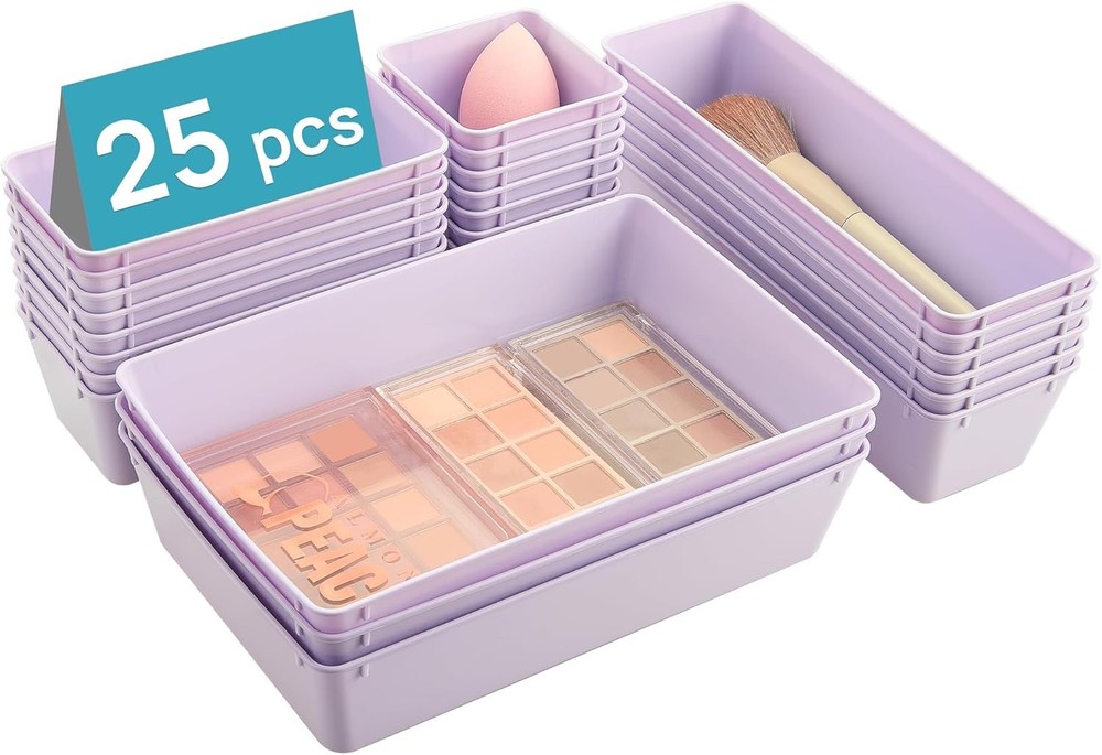 Clear Plastic Drawer Organizer Set 25 PCS 4-Size Versatile Bathroom & Vanity