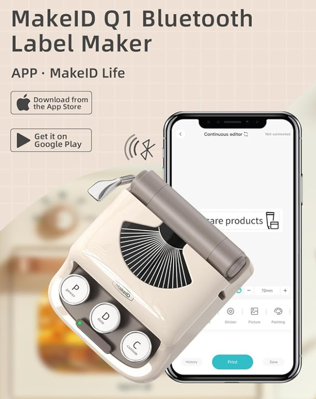 Makeid Q1 Label Maker Machine with Tape - Portable Bluetooth Label Makers