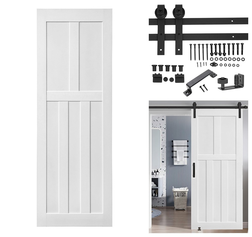 28x84in Primed Door Slab Panel+6.6FT Sliding Hardware+Floor Guider+Pull Handle