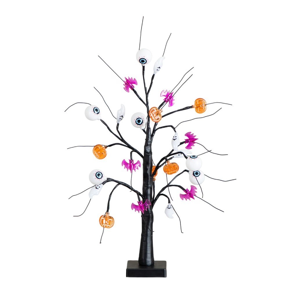 Pre-Lit Artificial Halloween Tree with LED Eyeballs and Ghost Decorations - 2