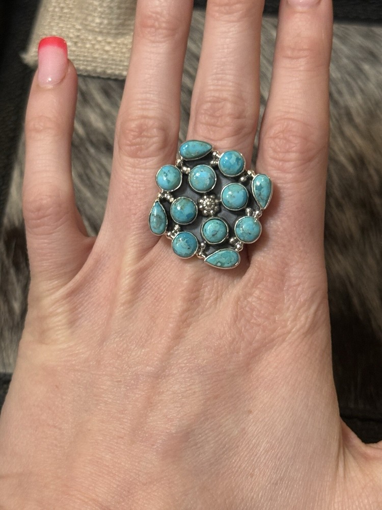 Native Southwest Sterling Silver Blue Turquoise Cluster🩵💙 Ring Adjustable