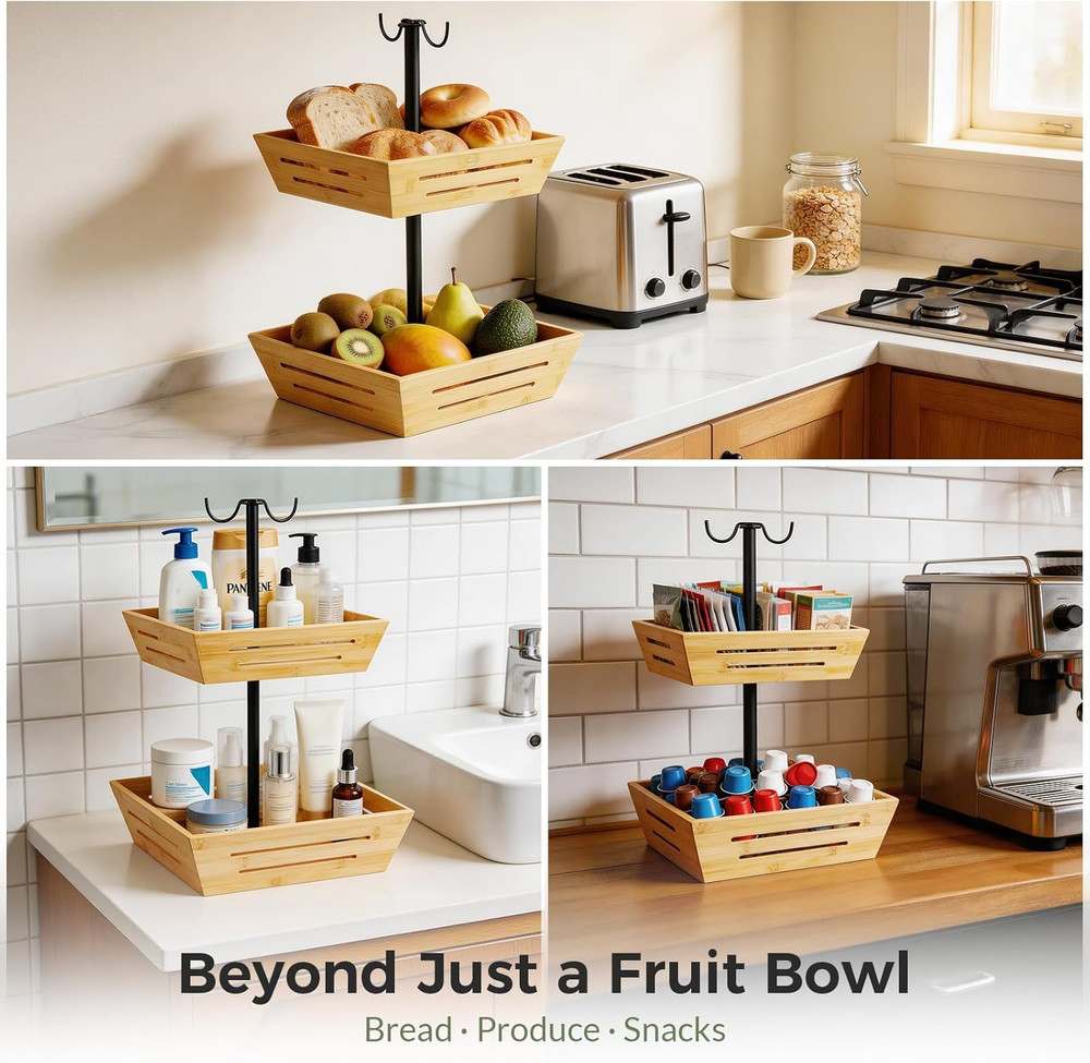 Bamboo Fruit Basket: 2-Tier Vegetable Storage with Banana Holder, Kitchen Counte