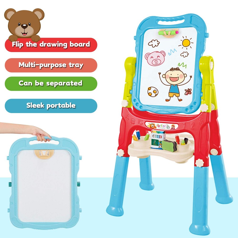 Mojitodon Easel for Kids,Rotatable Double Sided Adjustable Standing Art Blue