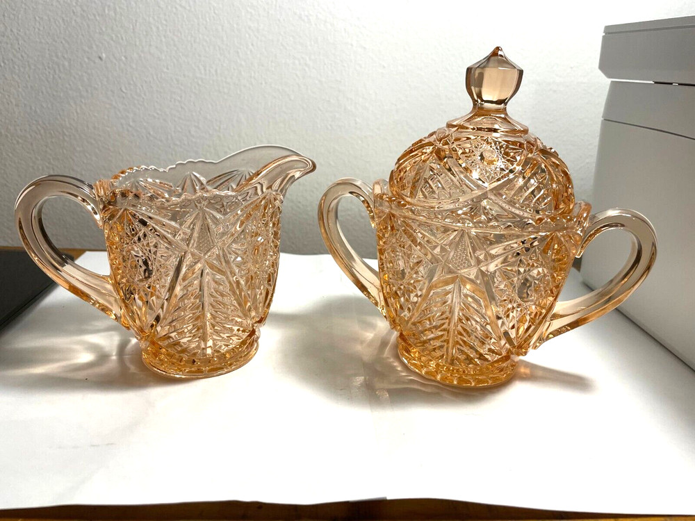 L. E. Smith Pink Glass Creamer & Sugar w/Lid Valtec Pattern Large