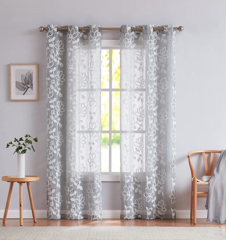 Set of Two 96  Silver Floral Embroidered Window Panels