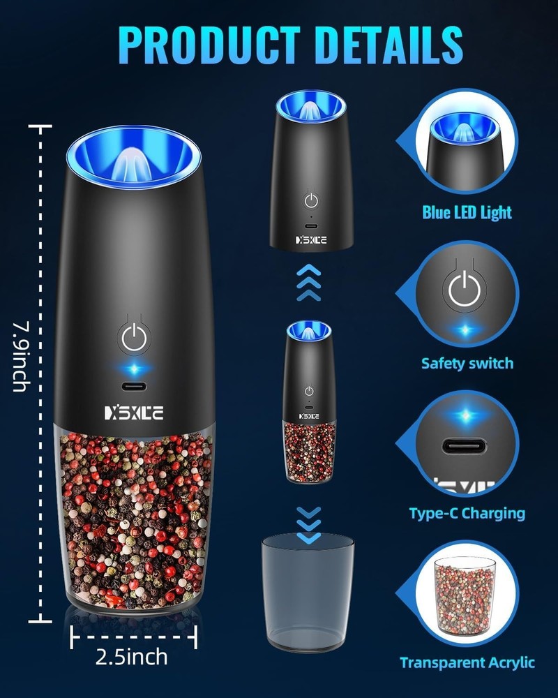 USB Rechargeable Spice Grinder Set with LED & One-Hand Operation - Black 2-Pack