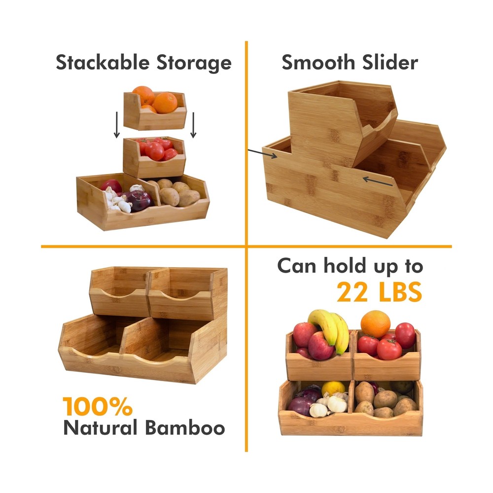 HOMESTEAD Bamboo Pantry Storage Bins - Stackable Baskets, Potato an... Fast Ship