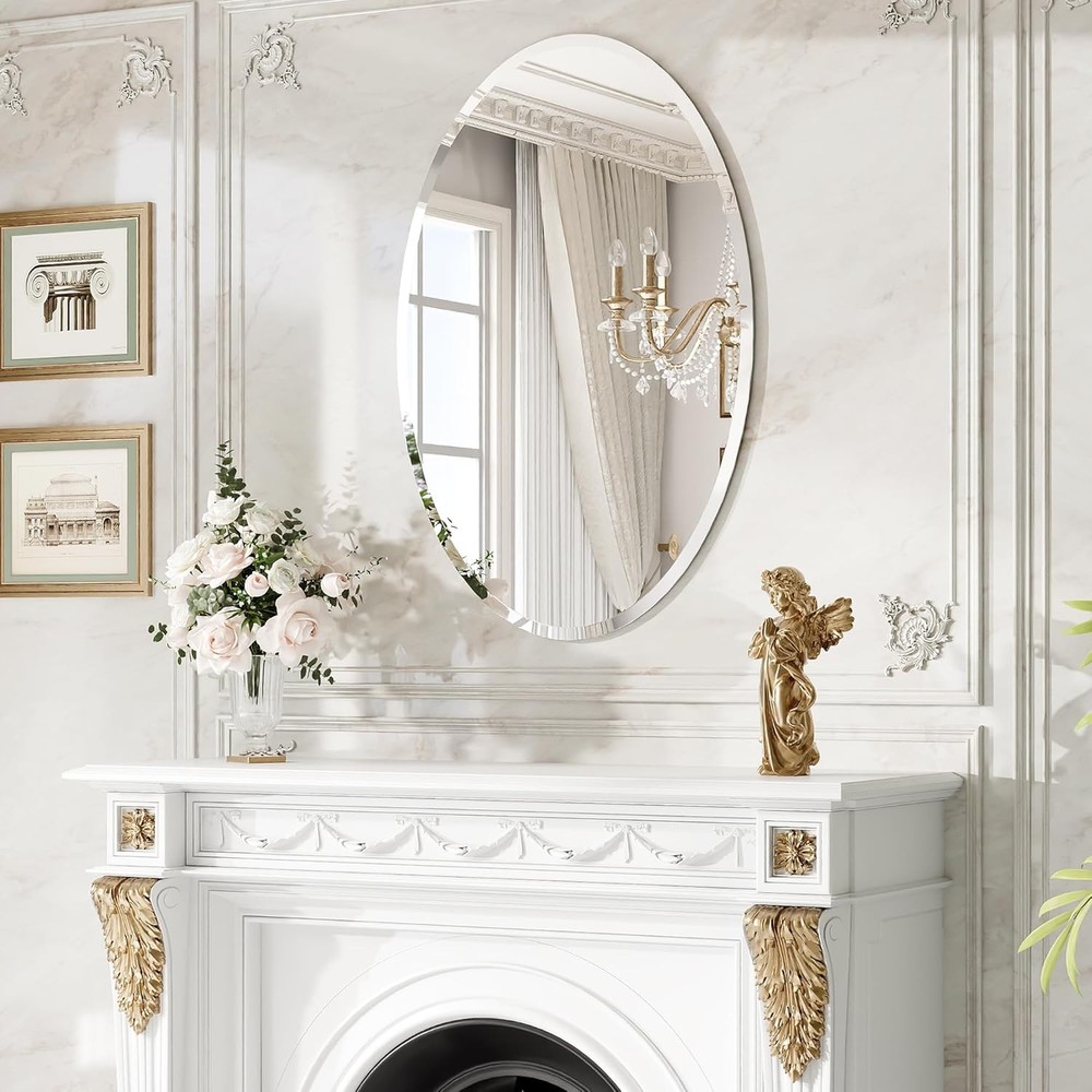 Frameless Oval Mirror 28x20" – Back Panel Support Ideal for Bathroom Over Vanity