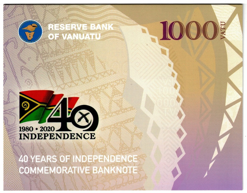 2020 Vanuatu Banknote UNC P21 1000 Vatu Polymer 40th Folder Commemorative
