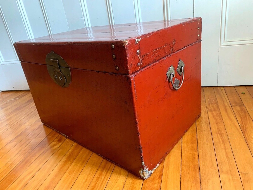Antique Chinese TRUNK Red Leather