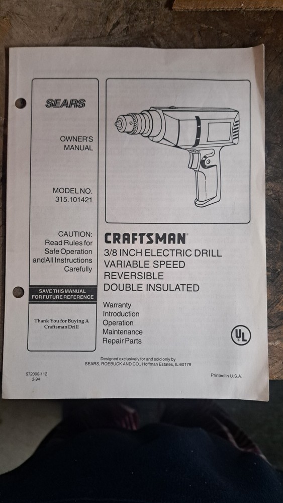 craftsman 3/8 in electric drill variable speed book