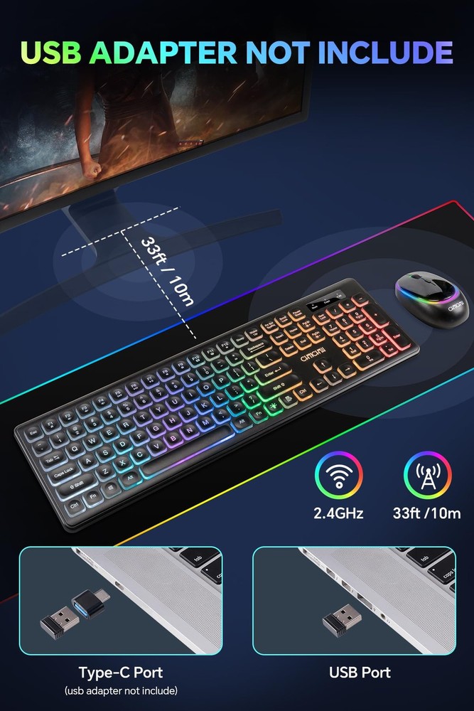 Wireless Keyboard and Mouse Rechargeable LED Combo RGB Backlit Keypad Silent ...