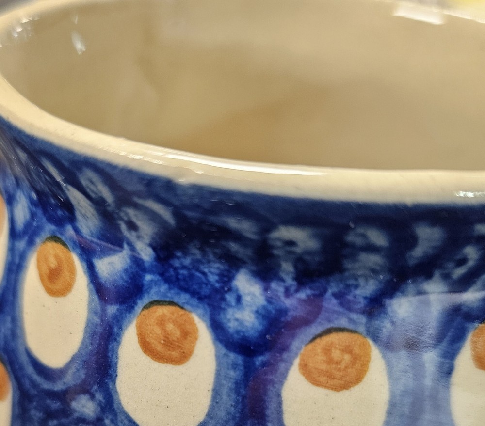 Heise Pottery Handmade Germany Handled Creamer Blue & Bone colored with Dots