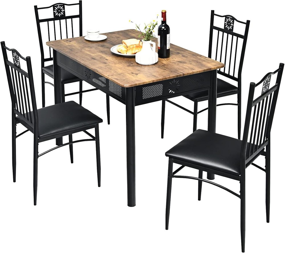 Dining Table Set 4 Kitchen Table & Chairs Set W/ Metal Frame & Padded Seat