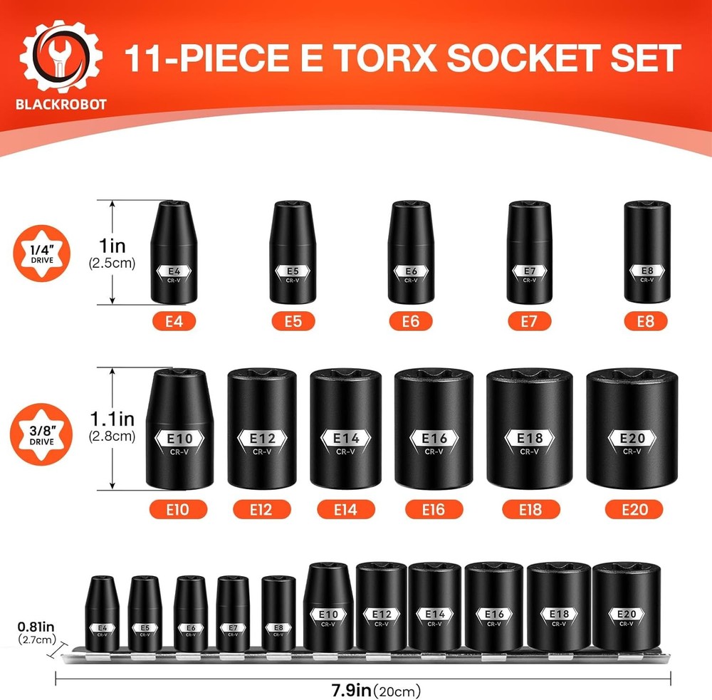 BLACKROBOT E Torx & Star Socket Set With Rail, 11-Piece Female External Sockets,