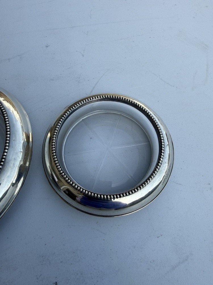 Vintage Sterling Silver Coasters Set Frank M Whiting Glass Inserts
