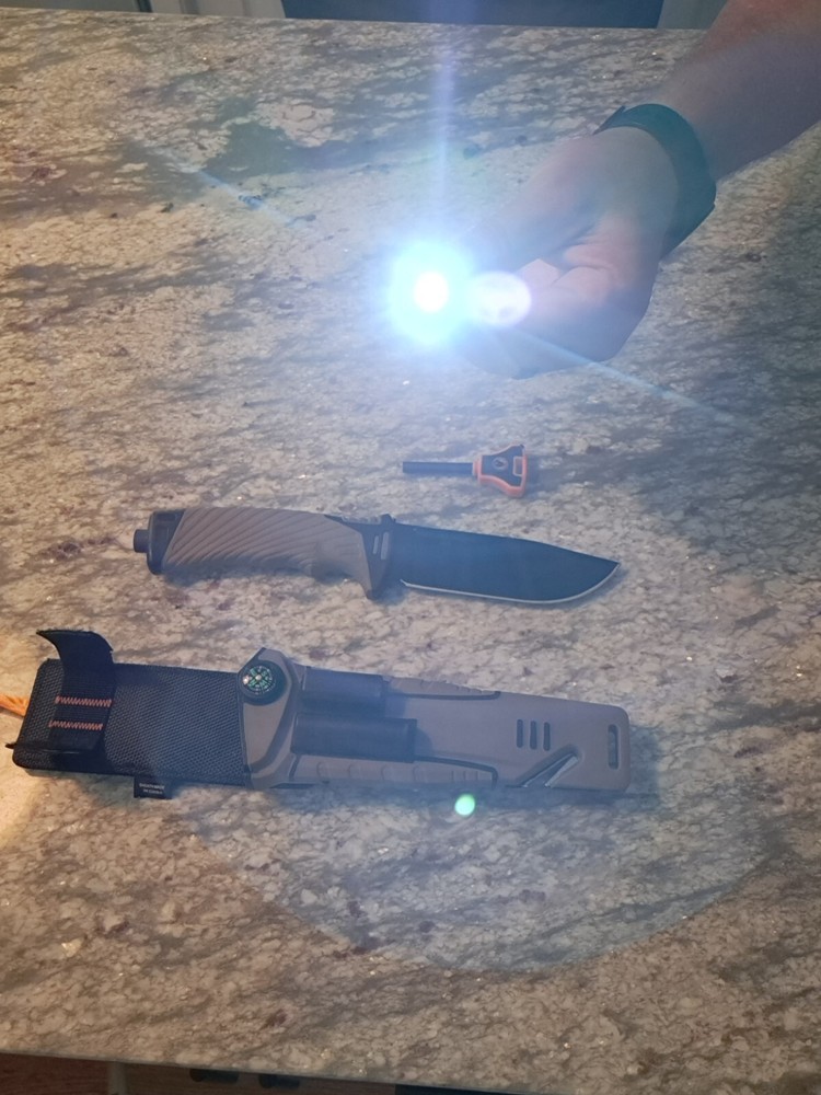 Tactical Fixed Blade Survival Knife with firestarter, LED light, compass, MORE!