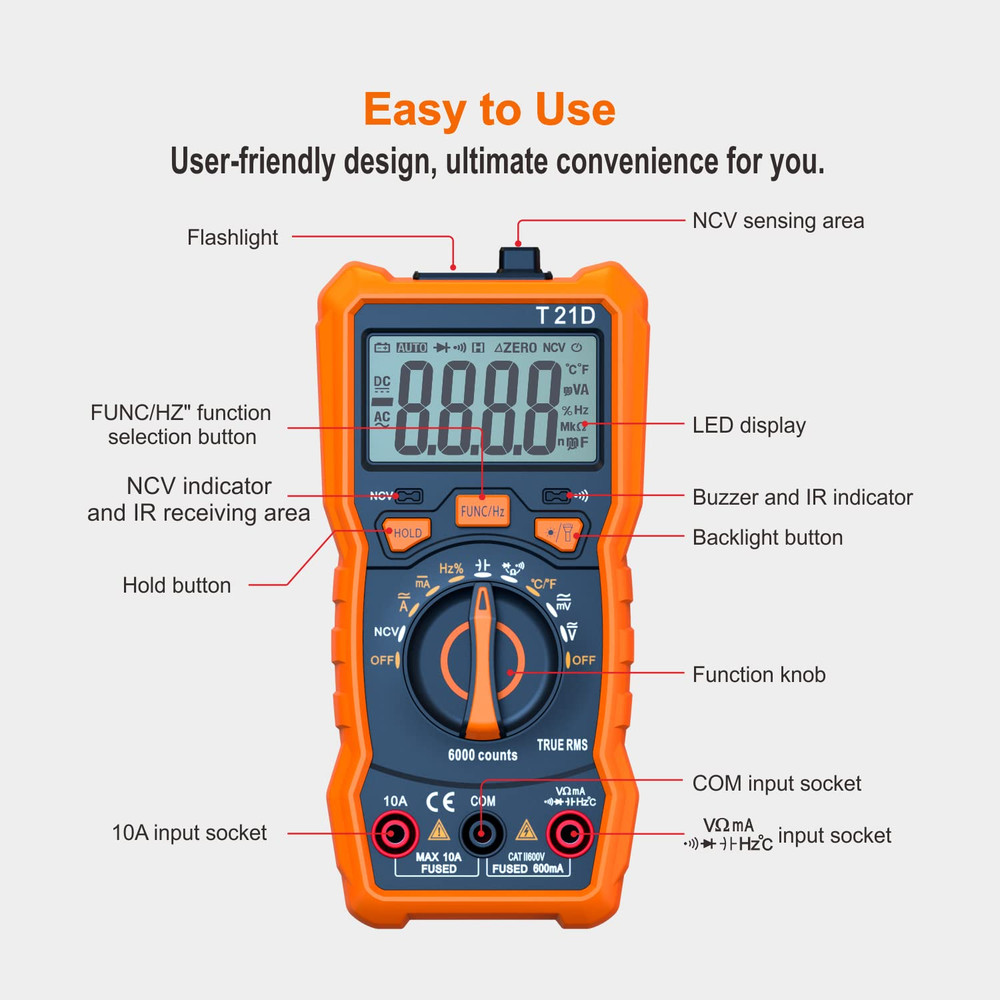 Auto-Ranging Digital Multimeter, TRMS 6000 Counts AC DC Voltmeter Ohm Volt Amp M