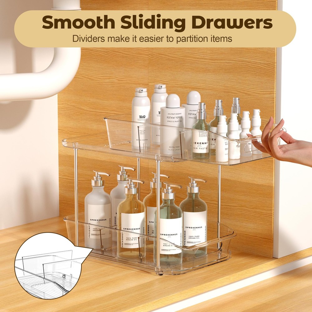 2 Tier Pull-Out Organizer for Bathroom Kitchen, Under Sink Storage with Divid...