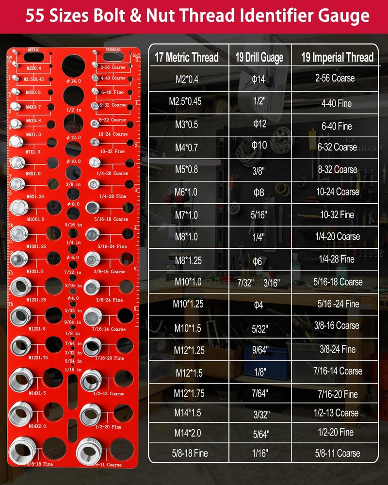 Manalete Thread Checker, 55 Nut and Bolt Screw Size Red