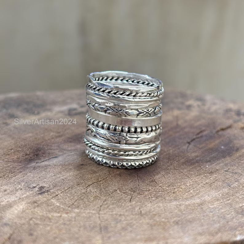 925 Sterling Silver Stacking Rings Set: Assorted Patterns, Thin & Thick All Size