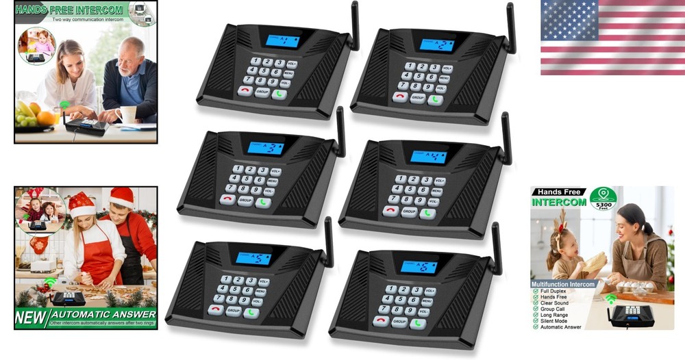 Wireless Intercom System Home Office 5300ft 9 Channel Full Duplex 6 Pack
