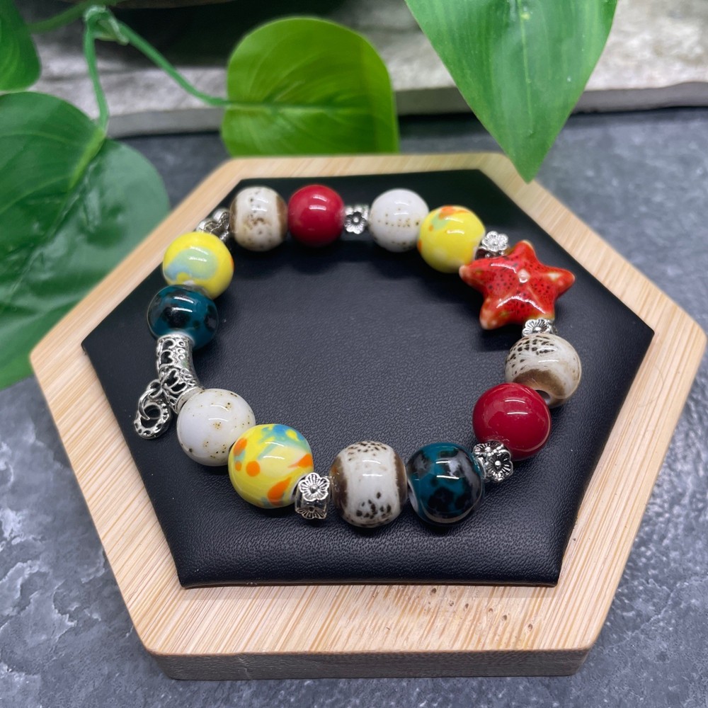 Handmade Ceramic Bead Beaded Stackable 6.25” Plus Stretch Bracelet New B523