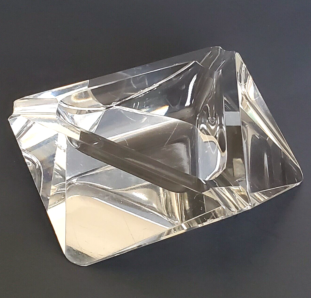 clear glass triangular cigarette ashtray 6" wide 1.5" tall few tiny chips