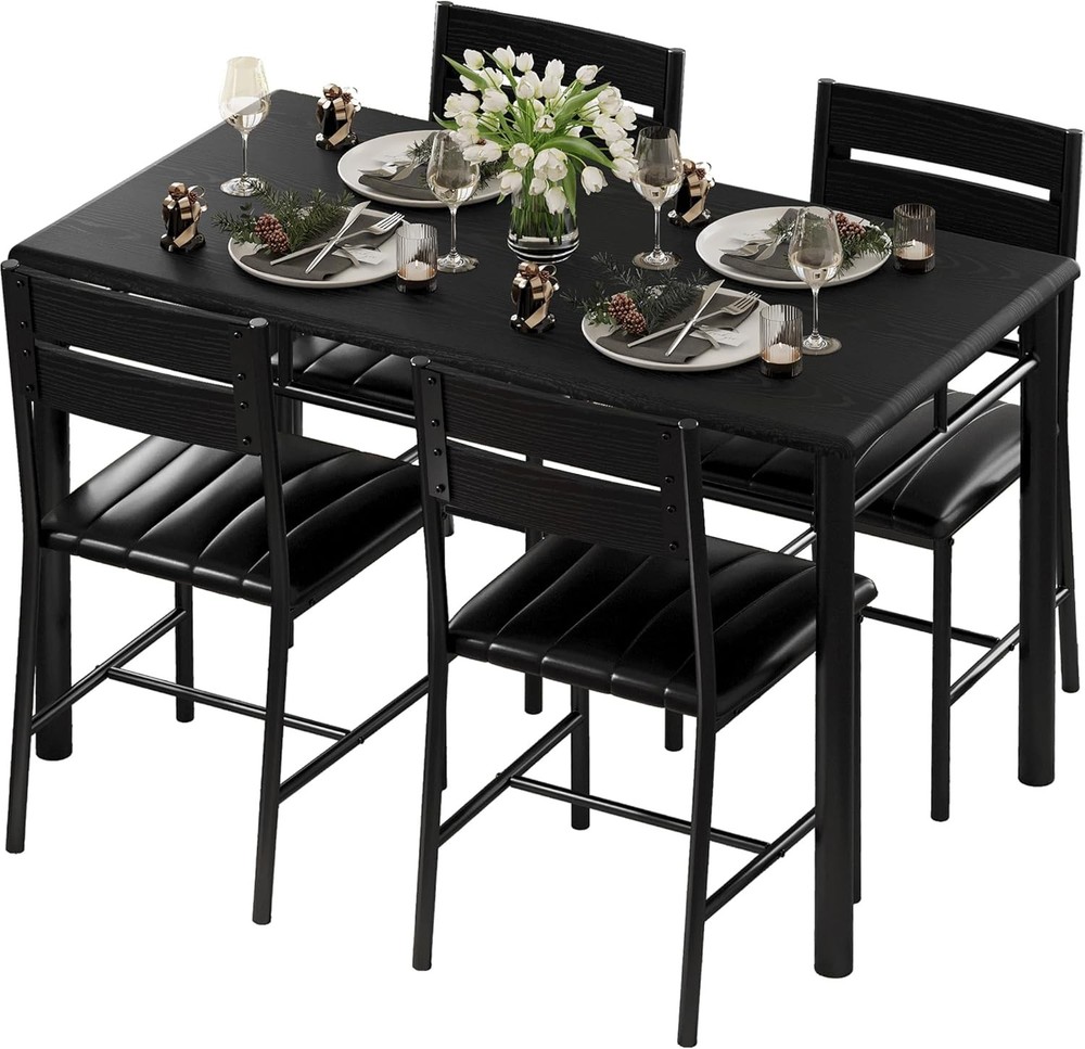Dining Table Set 4 Wood Kitchen Table W/ Upholstered Chairs Kitchen Room & Small