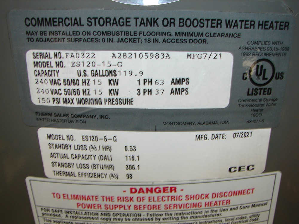 New Rheem ES120-6-G Heavy Duty Electric Commercial Water Heater 240vac 1PH/3PH