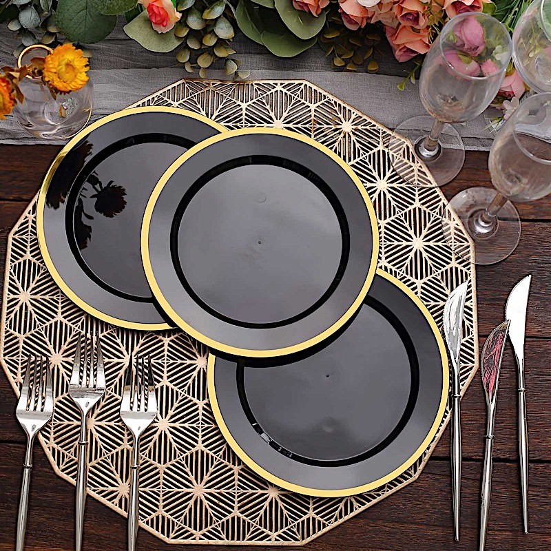 BLACK 10 Round 7" Plastic SALAD PLATES Gold Rim Party Events Tableware