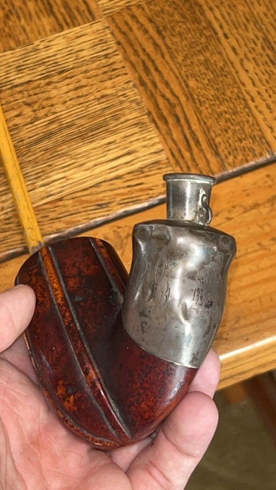 Antique 19th C Austrian Tyrolean Long Stem Pipe – Engraved , 1849 silver fitting