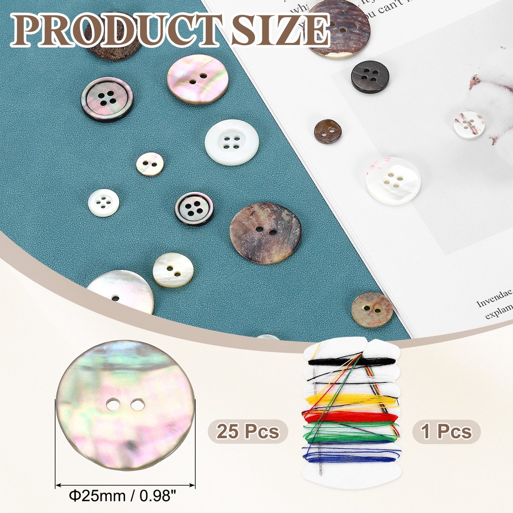 25Pcs 2 Hole 25mm Natural Shell Button with Sewing Thread Kit, Colorful