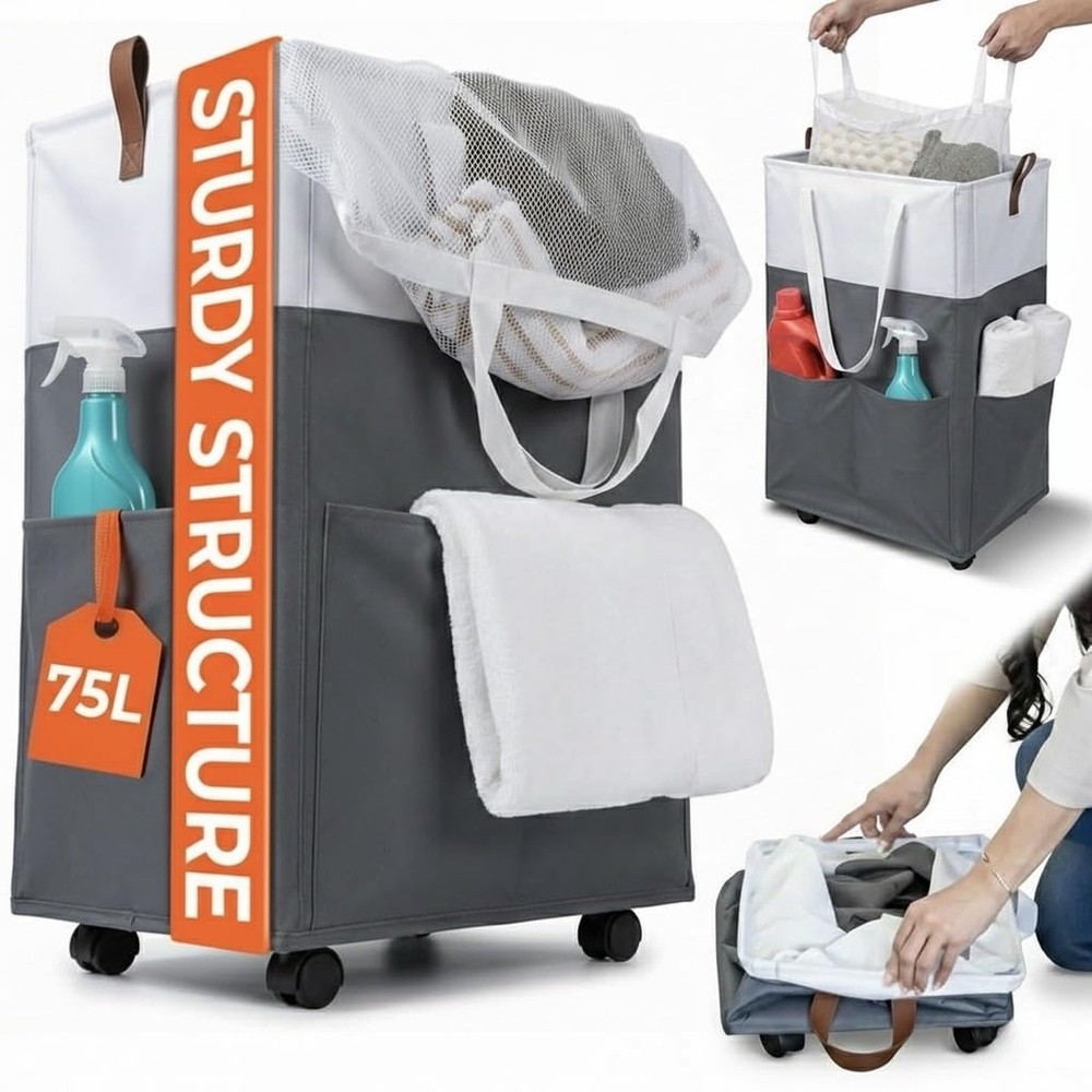 Laundry Basket with Wheels – Foldable, Space-Saving, Fabric Slim Laundry H