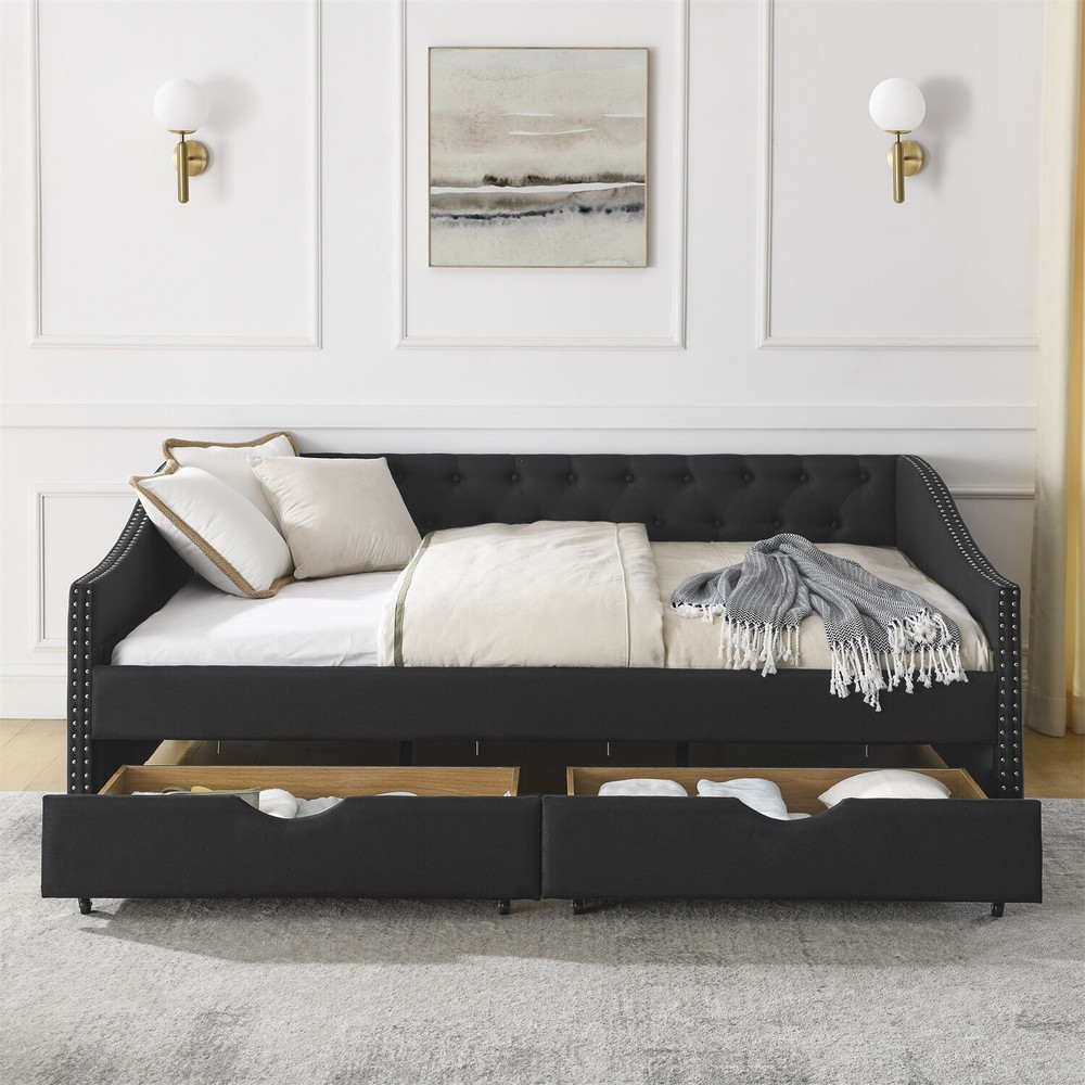 Full Size Daybed Upholstered Bed Frame Sofa Bed w/ 2 Storage Drawers US