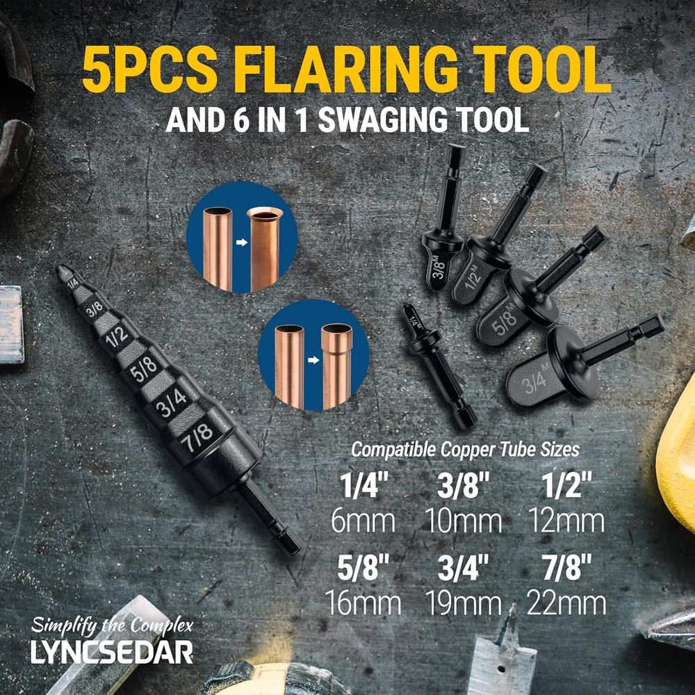 Copper Flaring Tool Drill Bit Set, Mini Split & 6-in-1, 6-Piece Black Soft Tu...
